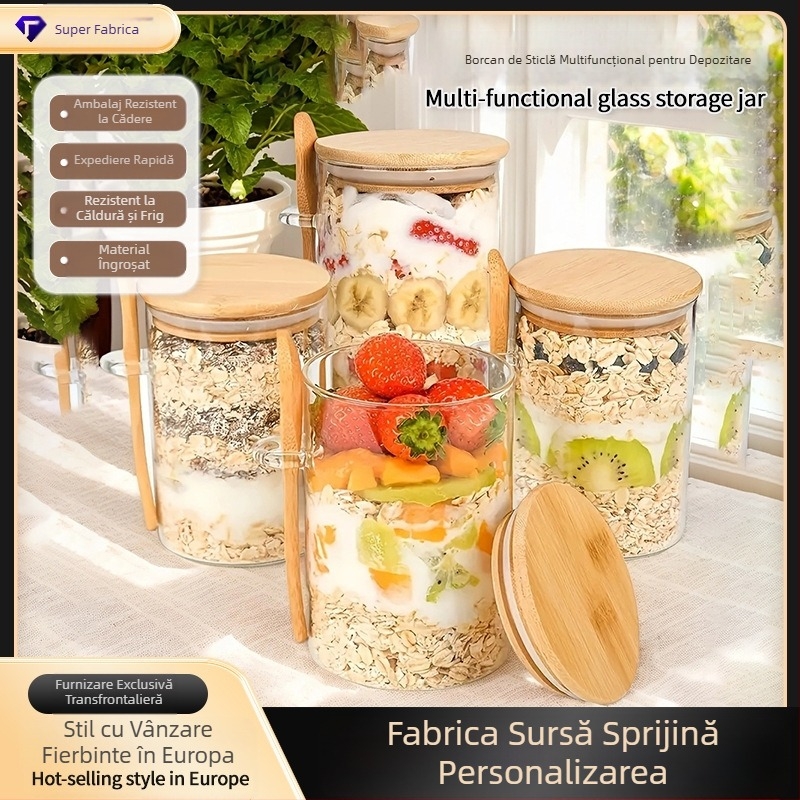 Sticlă de sticlă cu iaurt cu conținut ridicat de borosilicat, cu capac, lingură, sigilat, rezervor, condimente de bucătărie, depozitare a cerealelor, borcan de sticlă