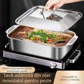 Placă de pește la grătar din oțel inoxidabil, placă binaurală pentru raci, placă de grătar de uz casnic, plus placă multifuncțională adâncă, oală specială pentru fructe de mare