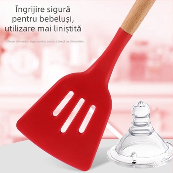 Set de 12 piese din silicon cu mâner din lemn, ustensile de bucătărie antiaderente, lopată, set de linguriță pentru supă, gard de pescuit, rechizite de bucătărie cu găleată de depozitare