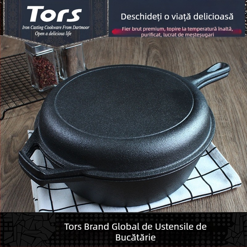 Tols Export, oală din fontă cu un singur mâner, cu dublu scop, tigaie cu un singur mâner, oală din fier pur, capac neacoperit pentru fabricarea tigăii