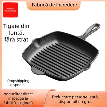 Tigaie de friptură din fontă îngroșată, tigaie cu dungi pentru friptură, tigaie antiaderentă neacoperită, tigaie de friptură de uz casnic