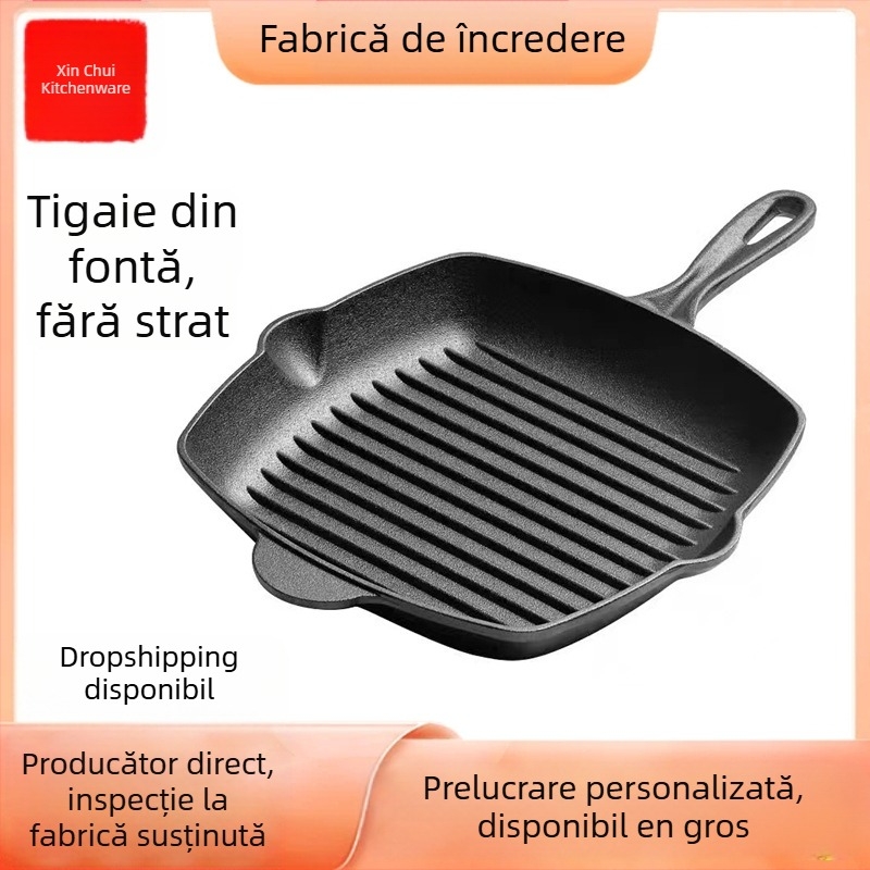 Tigaie de friptură din fontă îngroșată, tigaie cu dungi pentru friptură, tigaie antiaderentă neacoperită, tigaie de friptură de uz casnic