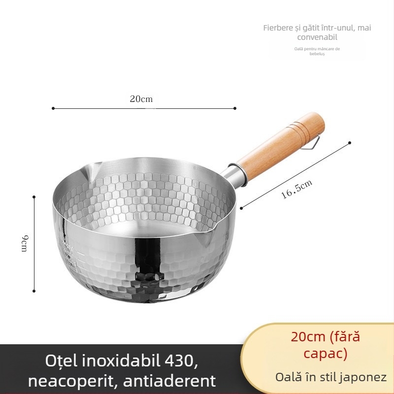304 Oțel inoxidabil Tigaie de zăpadă neacoperită Oală de lapte Supliment alimentar Tigaie îngroșată Tigaie instant cu tăiței Oală japoneză cu mâner din lemn Supă Oală de lapte