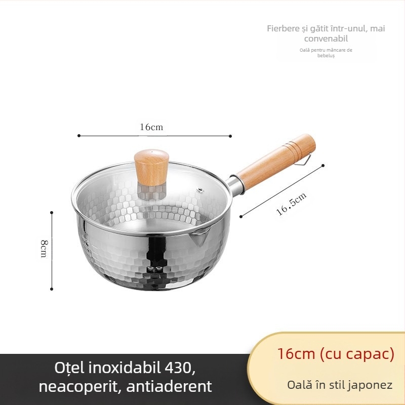 304 Oțel inoxidabil Tigaie de zăpadă neacoperită Oală de lapte Supliment alimentar Tigaie îngroșată Tigaie instant cu tăiței Oală japoneză cu mâner din lemn Supă Oală de lapte