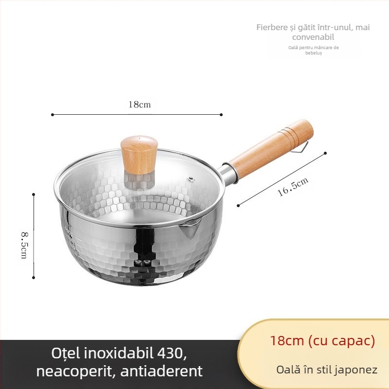 304 Oțel inoxidabil Tigaie de zăpadă neacoperită Oală de lapte Supliment alimentar Tigaie îngroșată Tigaie instant cu tăiței Oală japoneză cu mâner din lemn Supă Oală de lapte