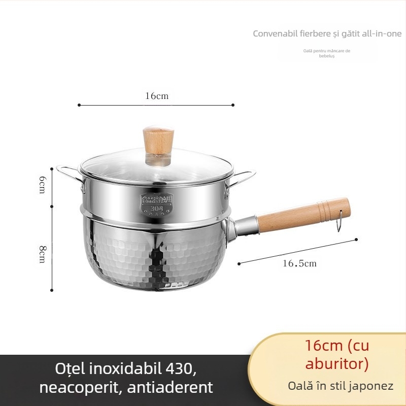 304 Oțel inoxidabil Tigaie de zăpadă neacoperită Oală de lapte Supliment alimentar Tigaie îngroșată Tigaie instant cu tăiței Oală japoneză cu mâner din lemn Supă Oală de lapte