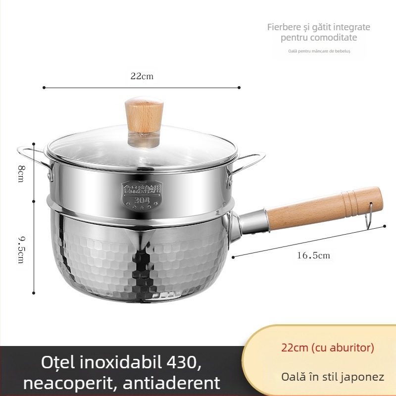 304 Oțel inoxidabil Tigaie de zăpadă neacoperită Oală de lapte Supliment alimentar Tigaie îngroșată Tigaie instant cu tăiței Oală japoneză cu mâner din lemn Supă Oală de lapte