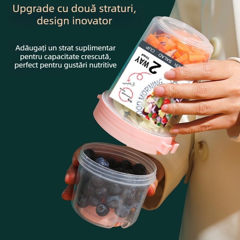 Cana de salată portabilă transfrontalieră cu două straturi pentru a merge la serviciu, legume, reducerea grăsimilor, cană ușoară cu fructe, ovăz, iaurt, mic dejun