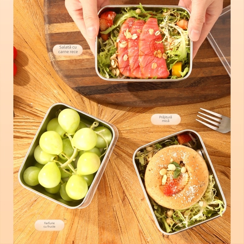 Cutie mică de prânz din oțel inoxidabil cu capac, cutie de sub-ambalare pentru alimente, oală fierbinte cu oală de legume, cutie pătrată pentru prepararea alimentelor în aer liber, pentru aprofundarea vasului