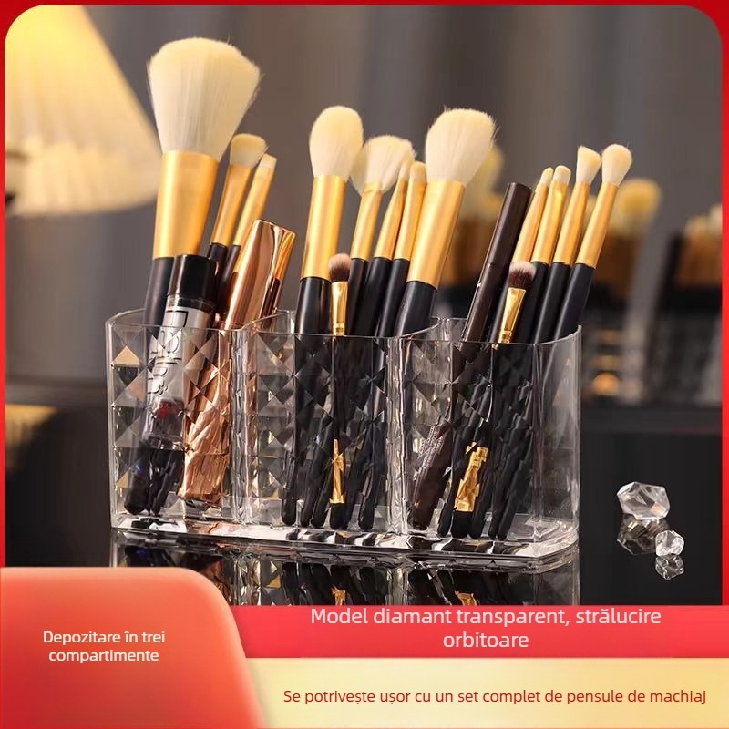 Material PS îngroșat transparent cu trei compartimente cosmetice depozitare cutie diamant model machiaj stilou sprâncene stilou depozitare tub desktop stilou tub