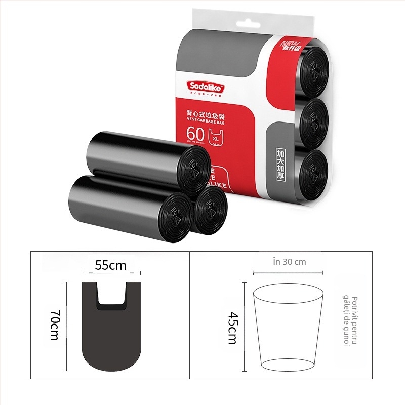 Saci de gunoi Sodolike Vest, 60 bucăți, 55 * 70, de uz casnic, îngroșați și greu de rupt, pungi de plastic negre mari