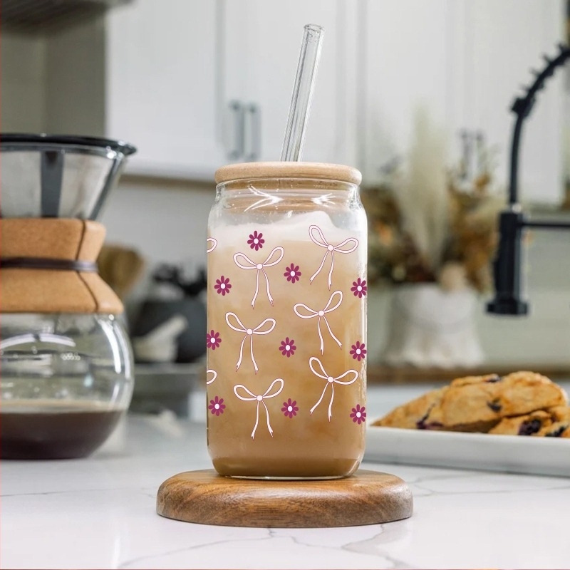 Amazon Bow 16oz sticlă borosilicată de înaltă calitate UV imprimare digitală Coca-Cola cutie de mare capacitate paie paie
