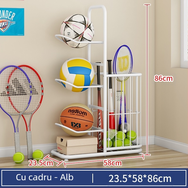 Coș de depozitare pentru baschet pentru copii, suport de depozitare cu mingi multistrat pentru ping-pong, badminton, rachetă, jucării, podea, coș de depozitare