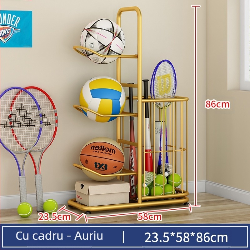 Coș de depozitare pentru baschet pentru copii, suport de depozitare cu mingi multistrat pentru ping-pong, badminton, rachetă, jucării, podea, coș de depozitare