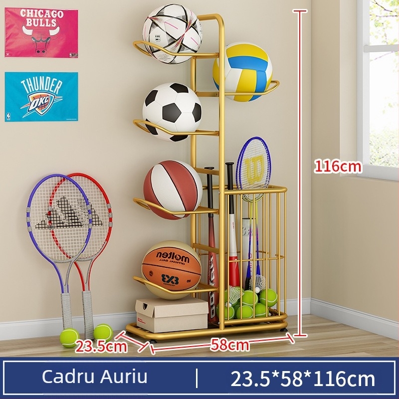 Coș de depozitare pentru baschet pentru copii, suport de depozitare cu mingi multistrat pentru ping-pong, badminton, rachetă, jucării, podea, coș de depozitare