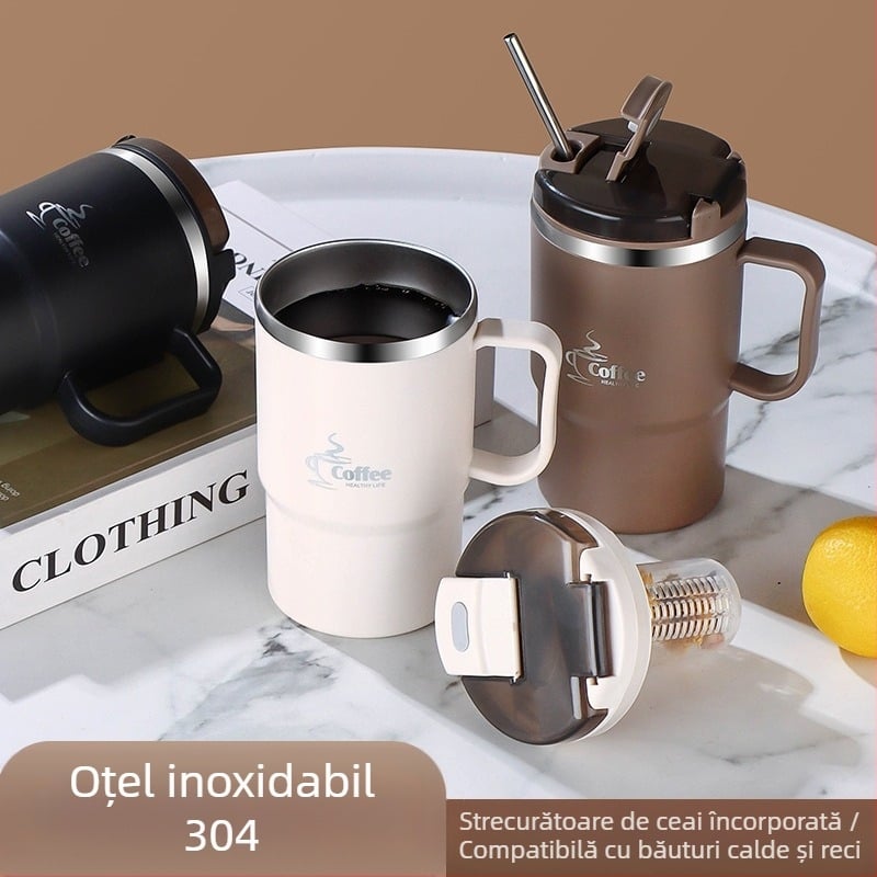 Cană transfrontalieră, vânzare fierbinte, cană cu paie de mare valoare, cană de cafea din oțel inoxidabil, portabilă și practică, cană de separare a apei pentru ceai
