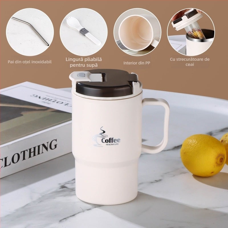Cană transfrontalieră, vânzare fierbinte, cană cu paie de mare valoare, cană de cafea din oțel inoxidabil, portabilă și practică, cană de separare a apei pentru ceai