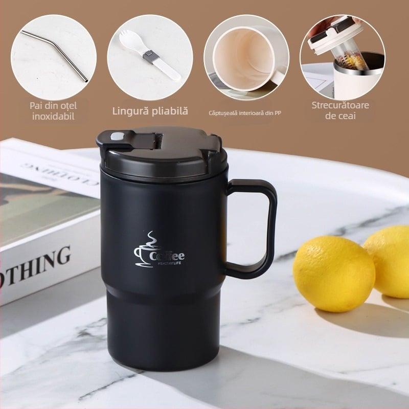 Cană transfrontalieră, vânzare fierbinte, cană cu paie de mare valoare, cană de cafea din oțel inoxidabil, portabilă și practică, cană de separare a apei pentru ceai