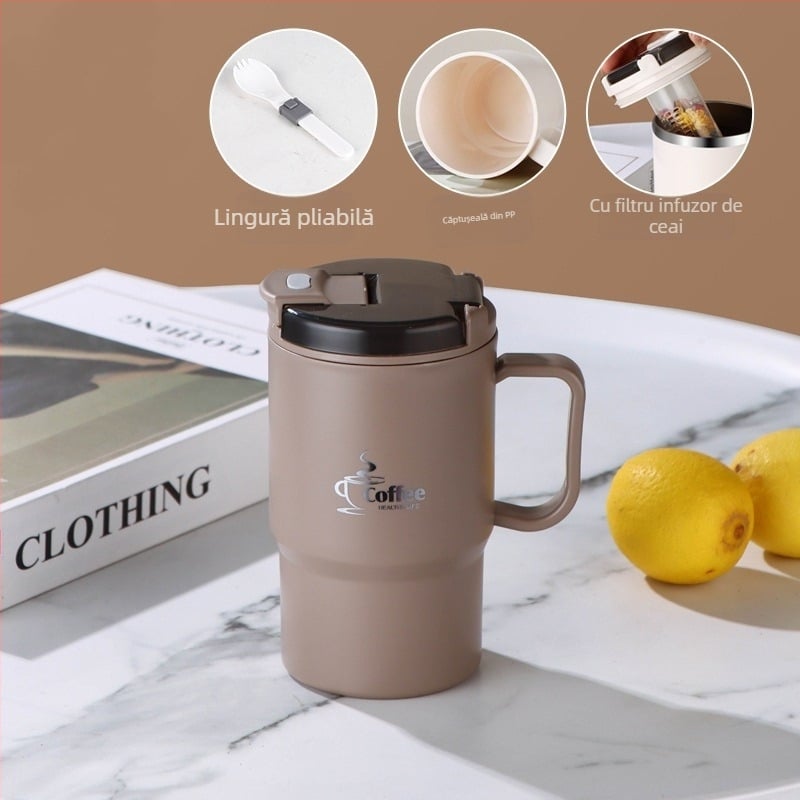 Cană transfrontalieră, vânzare fierbinte, cană cu paie de mare valoare, cană de cafea din oțel inoxidabil, portabilă și practică, cană de separare a apei pentru ceai