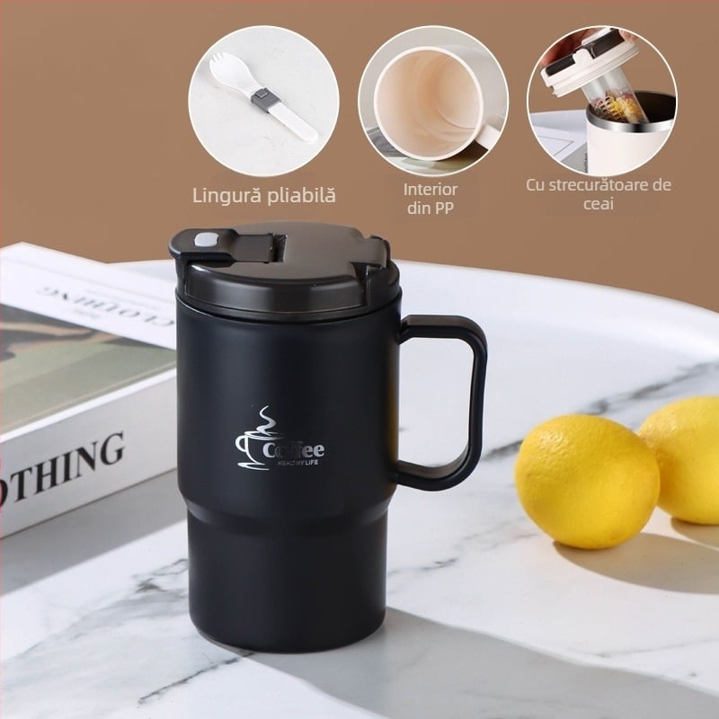 Cană transfrontalieră, vânzare fierbinte, cană cu paie de mare valoare, cană de cafea din oțel inoxidabil, portabilă și practică, cană de separare a apei pentru ceai