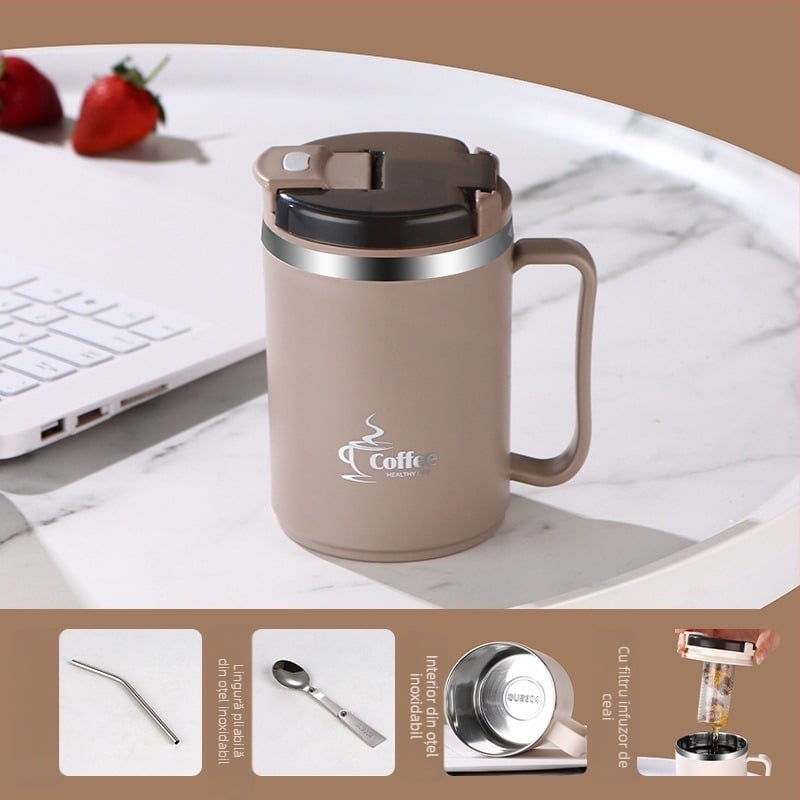Cană transfrontalieră, vânzare fierbinte, cană cu paie de mare valoare, cană de cafea din oțel inoxidabil, portabilă și practică, cană de separare a apei pentru ceai