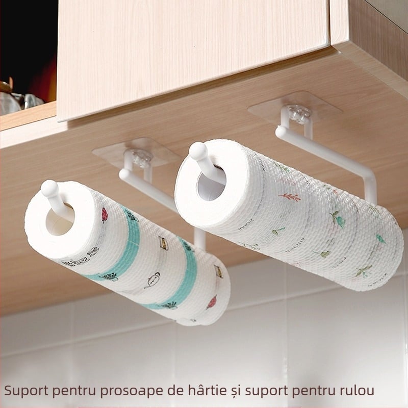 Suport pentru șervețele de bucătărie, fără perforații, pentru dulap, suport pentru role de hârtie, suport pentru depozitare, suport pentru folie de plastic pentru șervețele de bucătărie