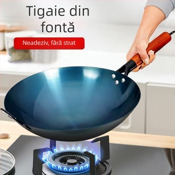 Oală de fier cu mâner special din lemn pentru bucătarul de hotel, wok de uz casnic de modă veche, wok îngroșat, nu se lipește ușor, oală cu fund rotund neacoperită
