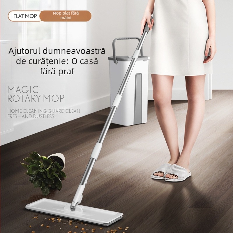 Mop absorbant de uz casnic, lavabil manual, mop plat, uscat și umed, cu dublă utilizare, mop leneș, artefact-curățat, găleată