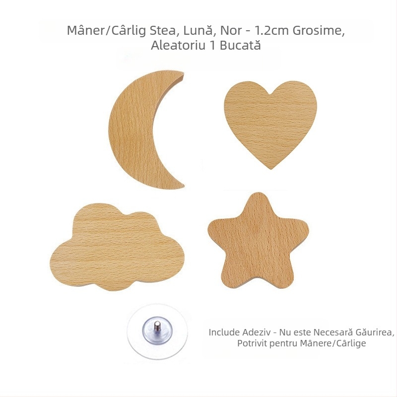[Produse cu cârlig pentru mâner Clienți vechi] Mâner din lemn masiv cu desene animate, stele, lună, nori, dinozauri, animale, fără perforator