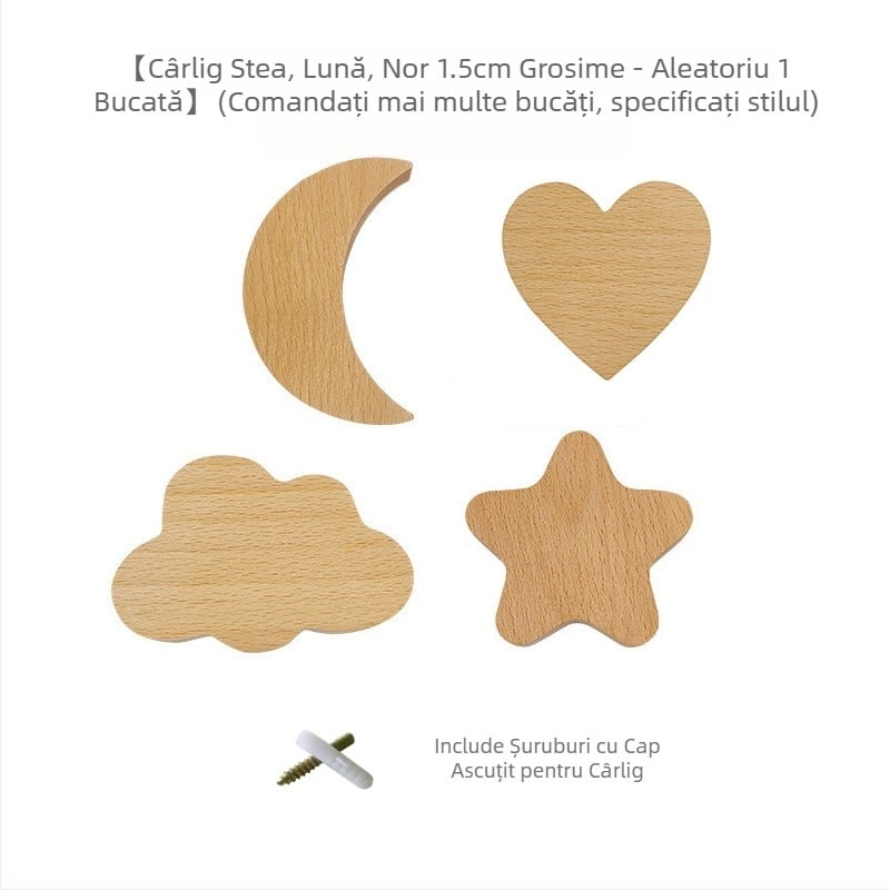 [Produse cu cârlig pentru mâner Clienți vechi] Mâner din lemn masiv cu desene animate, stele, lună, nori, dinozauri, animale, fără perforator