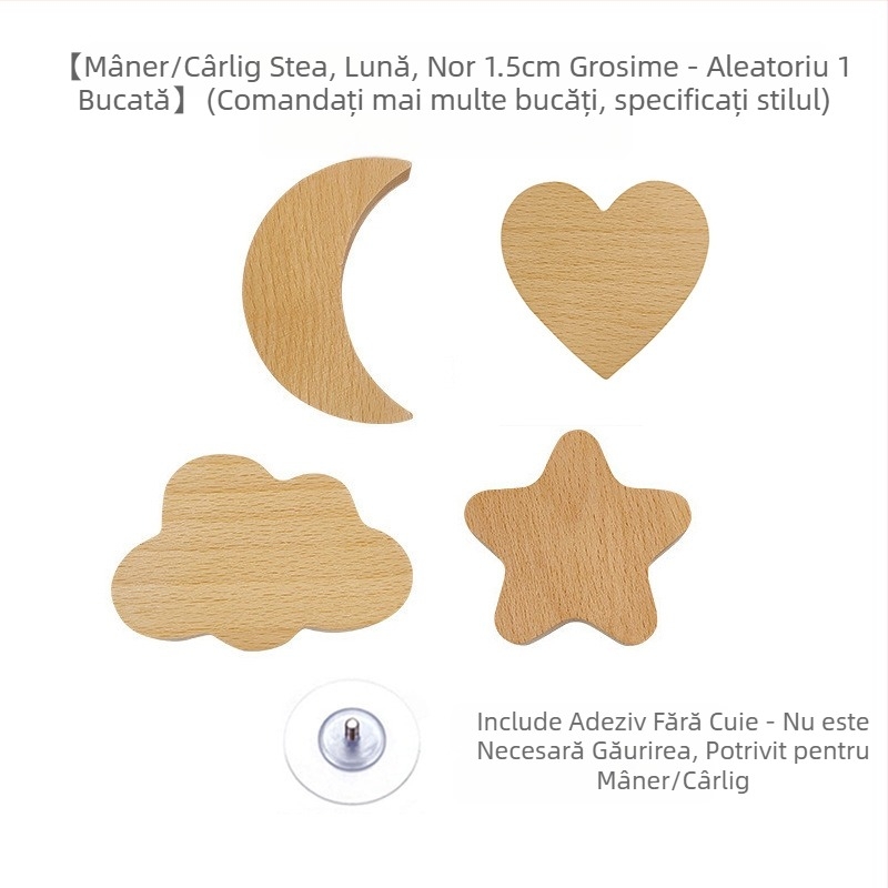 [Produse cu cârlig pentru mâner Clienți vechi] Mâner din lemn masiv cu desene animate, stele, lună, nori, dinozauri, animale, fără perforator