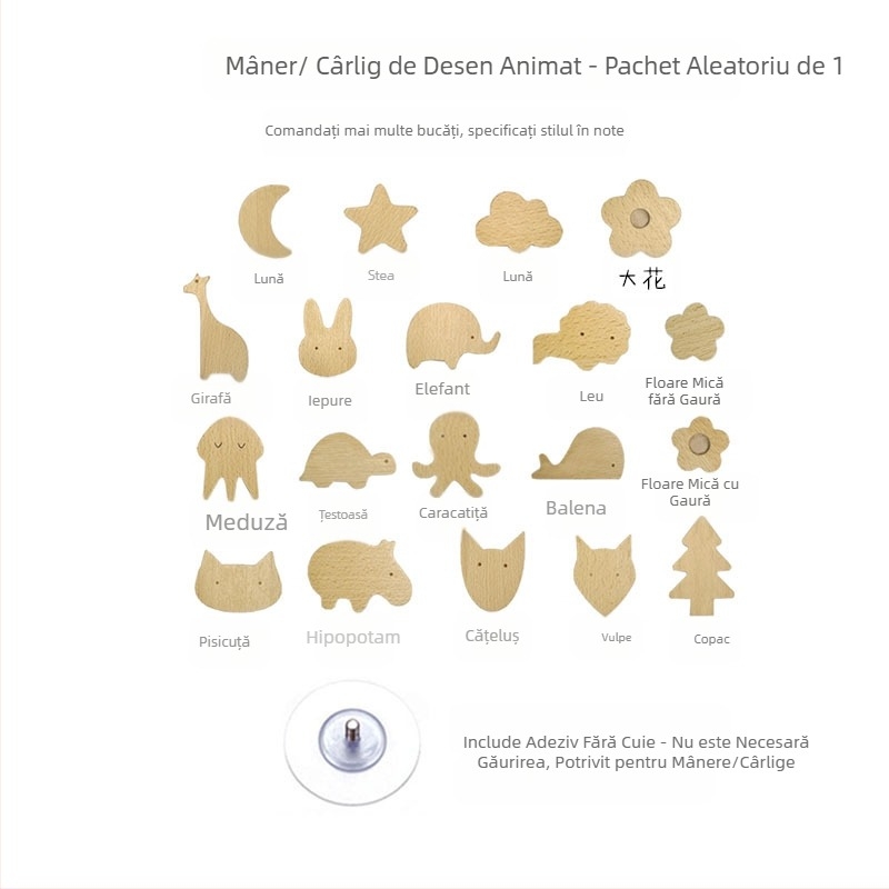 [Produse cu cârlig pentru mâner Clienți vechi] Mâner din lemn masiv cu desene animate, stele, lună, nori, dinozauri, animale, fără perforator