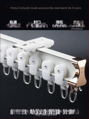Roletă pentru șină de perdea, montată în partea superioară, tip cârlig, montată lateral, șină curbată, fereastră tip bay, glisieră dublă din aliaj de aluminiu, șină de ghidare silențioasă