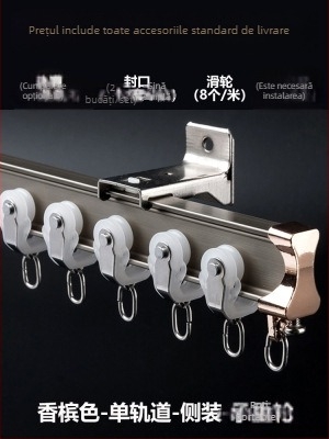 Roletă pentru șină de perdea, montată în partea superioară, tip cârlig, montată lateral, șină curbată, fereastră tip bay, glisieră dublă din aliaj de aluminiu, șină de ghidare silențioasă