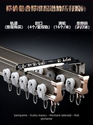 Roletă pentru șină de perdea, montată în partea superioară, tip cârlig, montată lateral, șină curbată, fereastră tip bay, glisieră dublă din aliaj de aluminiu, șină de ghidare silențioasă