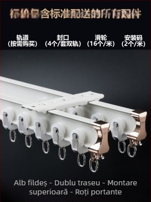 Roletă pentru șină de perdea, montată în partea superioară, tip cârlig, montată lateral, șină curbată, fereastră tip bay, glisieră dublă din aliaj de aluminiu, șină de ghidare silențioasă