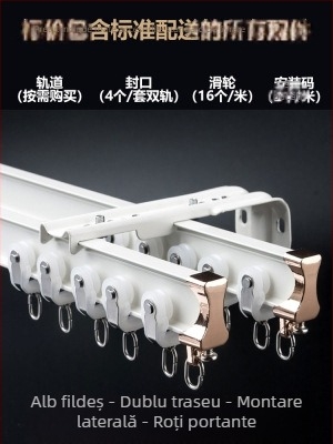 Roletă pentru șină de perdea, montată în partea superioară, tip cârlig, montată lateral, șină curbată, fereastră tip bay, glisieră dublă din aliaj de aluminiu, șină de ghidare silențioasă