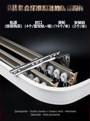 Roletă pentru șină de perdea, montată în partea superioară, tip cârlig, montată lateral, șină curbată, fereastră tip bay, glisieră dublă din aliaj de aluminiu, șină de ghidare silențioasă