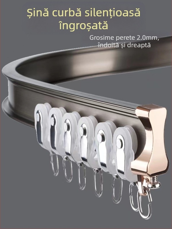 Roletă pentru șină de perdea, montată în partea superioară, tip cârlig, montată lateral, șină curbată, fereastră tip bay, glisieră dublă din aliaj de aluminiu, șină de ghidare silențioasă