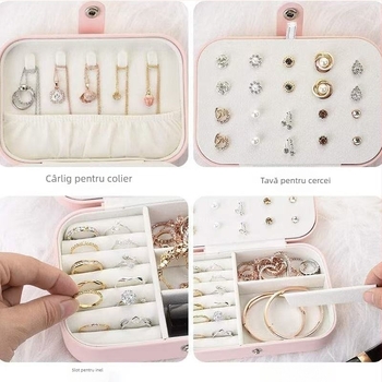 Cutie de bijuterii portabilă, capacitate mare, inel multifuncțional în stil european, colier, inel pentru cercei, cutie de depozitare pentru călătorii pentru femei