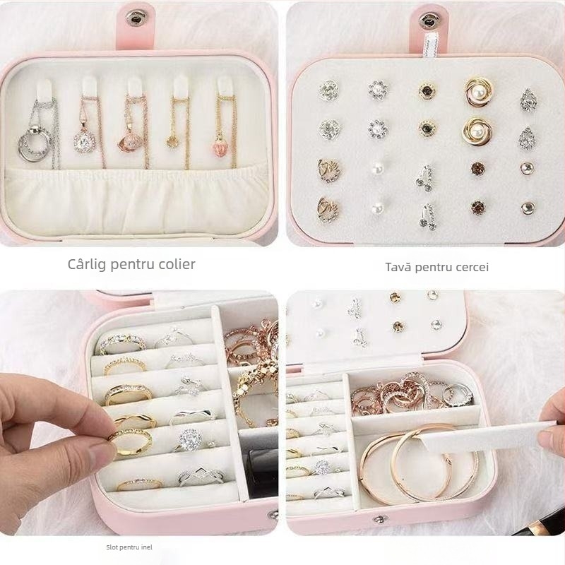 Cutie de bijuterii portabilă, capacitate mare, inel multifuncțional în stil european, colier, inel pentru cercei, cutie de depozitare pentru călătorii pentru femei