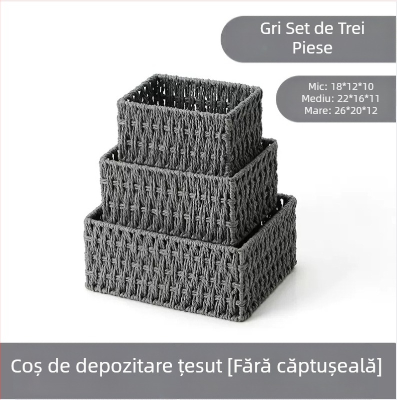 Coș de birou din fibre de hârtie, cadru împletit, organizator pentru chei, telecomenzi, reviste, cabluri și gustări