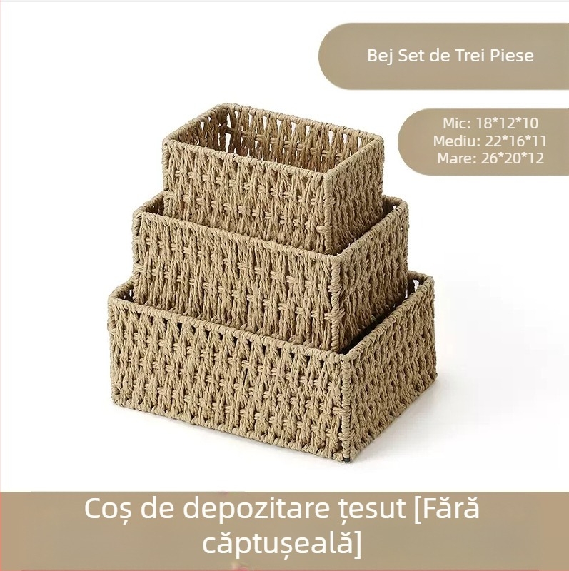 Coș de birou din fibre de hârtie, cadru împletit, organizator pentru chei, telecomenzi, reviste, cabluri și gustări