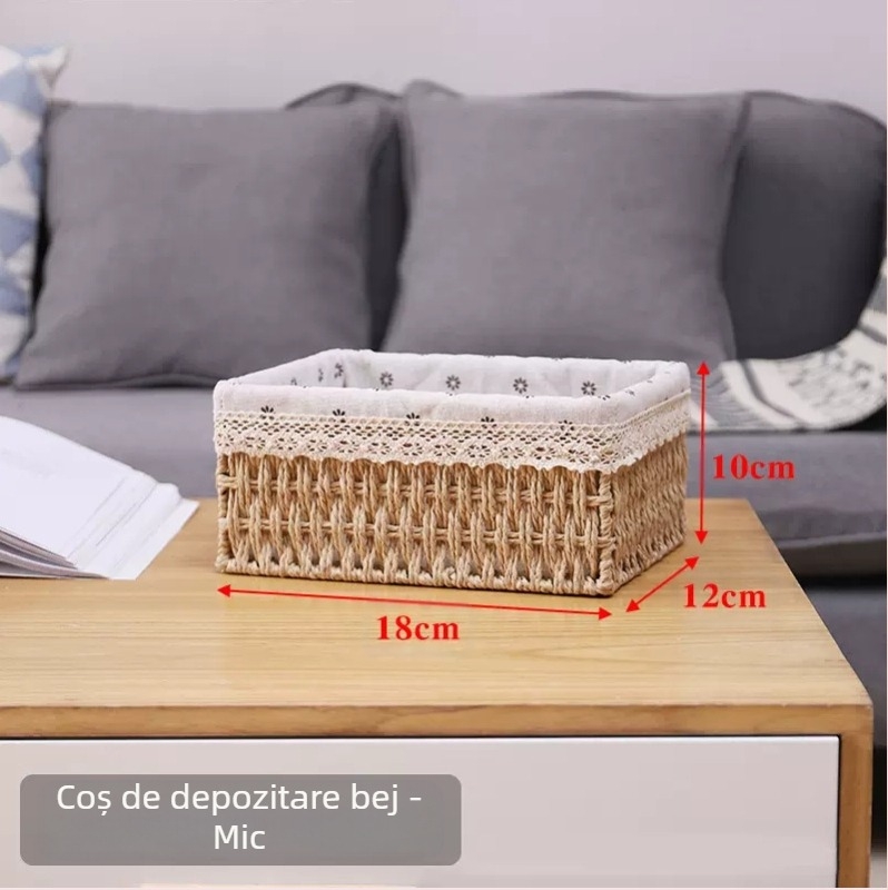 Coș de birou din fibre de hârtie, cadru împletit, organizator pentru chei, telecomenzi, reviste, cabluri și gustări