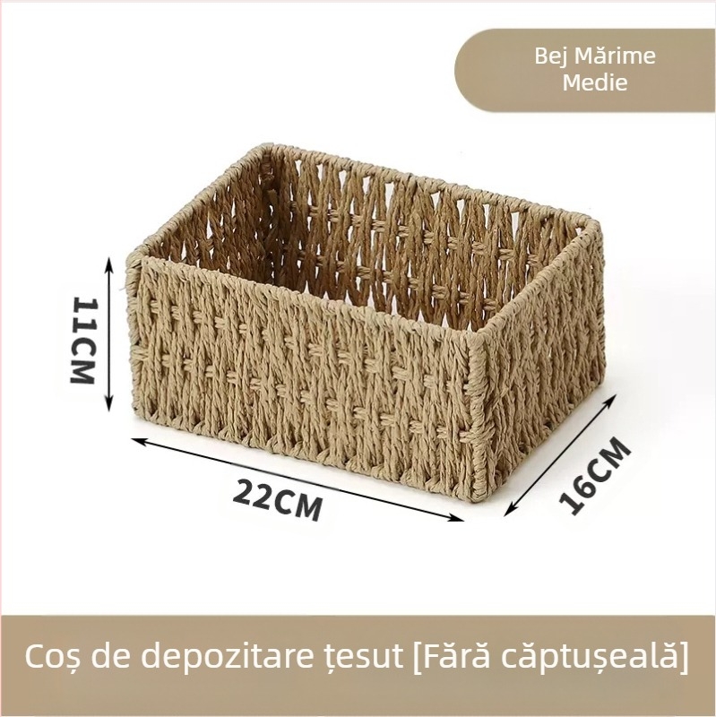 Coș de birou din fibre de hârtie, cadru împletit, organizator pentru chei, telecomenzi, reviste, cabluri și gustări