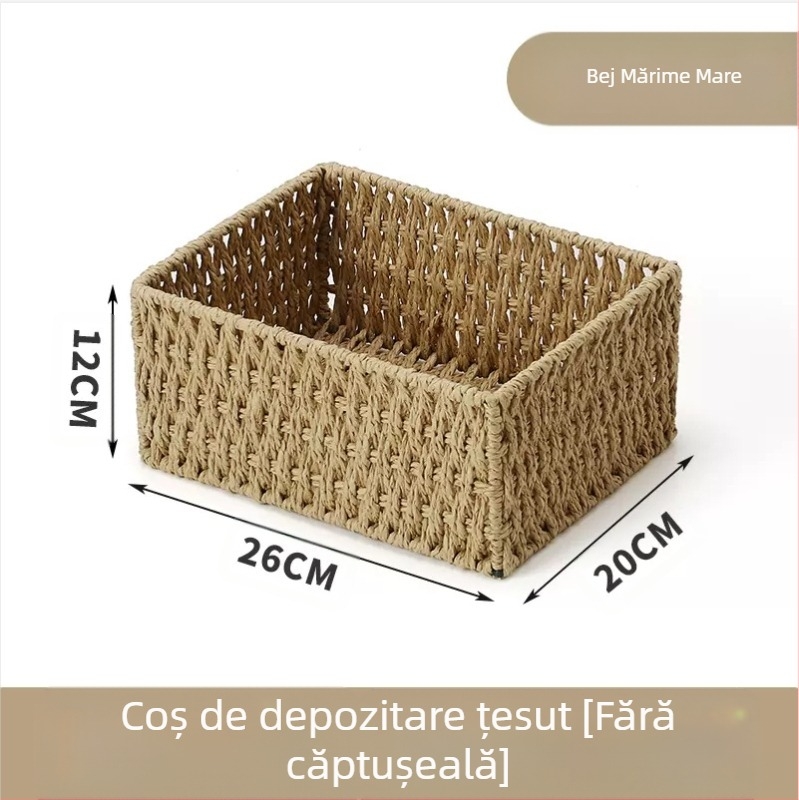 Coș de birou din fibre de hârtie, cadru împletit, organizator pentru chei, telecomenzi, reviste, cabluri și gustări