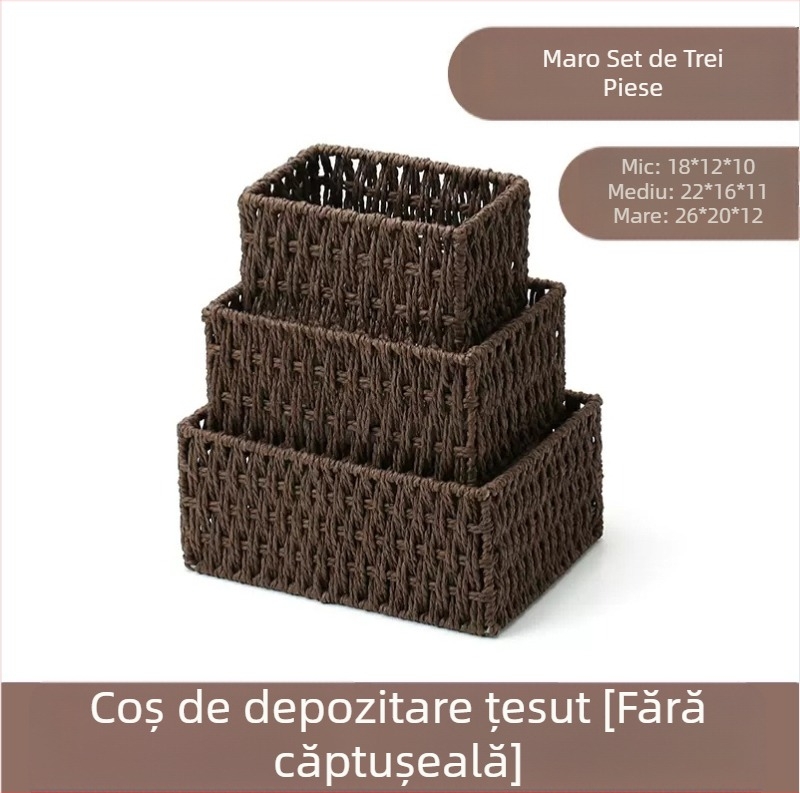 Coș de birou din fibre de hârtie, cadru împletit, organizator pentru chei, telecomenzi, reviste, cabluri și gustări