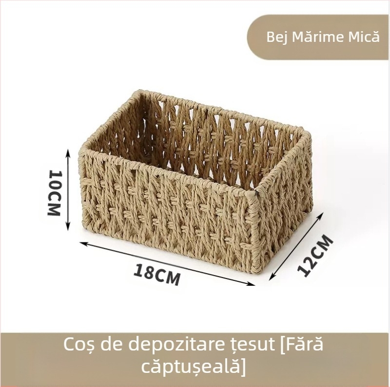 Coș de birou din fibre de hârtie, cadru împletit, organizator pentru chei, telecomenzi, reviste, cabluri și gustări