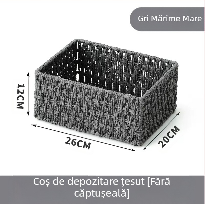 Coș de birou din fibre de hârtie, cadru împletit, organizator pentru chei, telecomenzi, reviste, cabluri și gustări