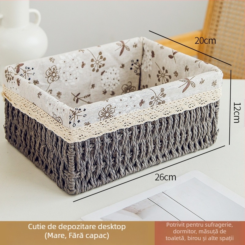 Coș de birou din fibre de hârtie, cadru împletit, organizator pentru chei, telecomenzi, reviste, cabluri și gustări